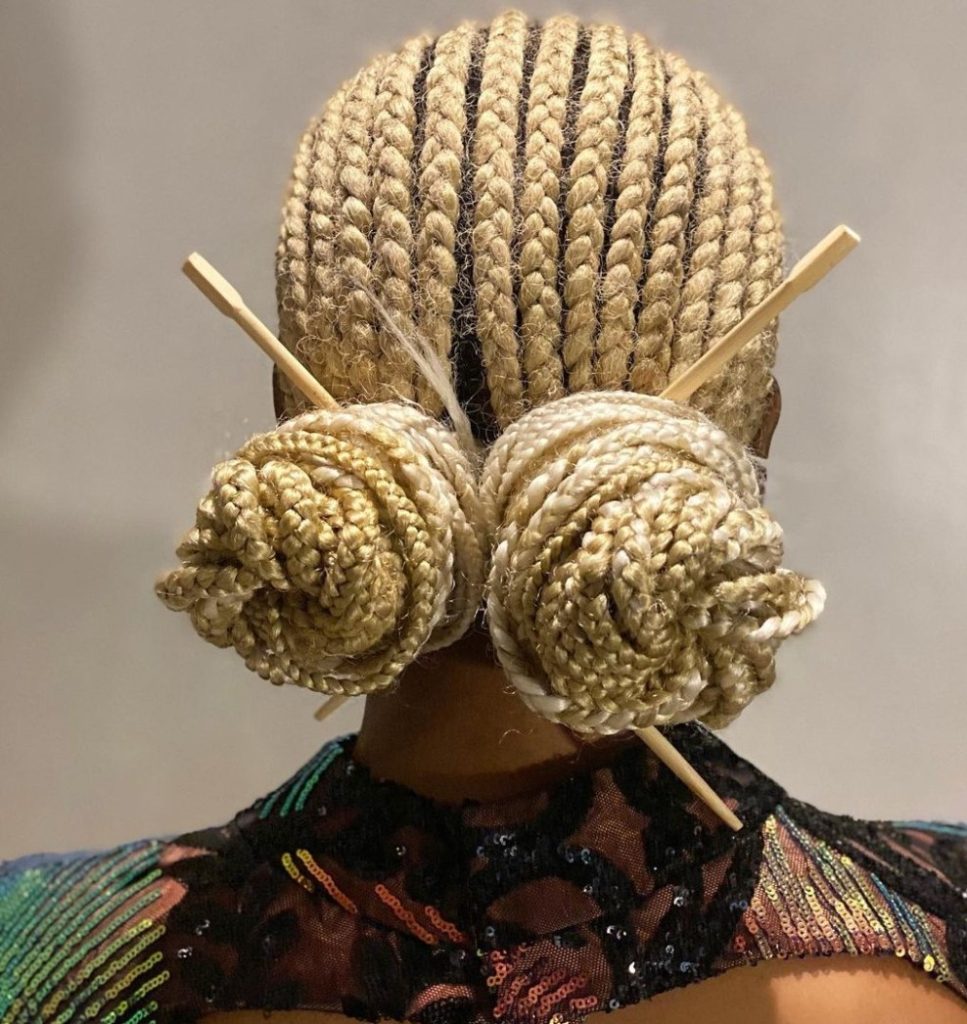 6 blonde cornrows to the back hairstyle