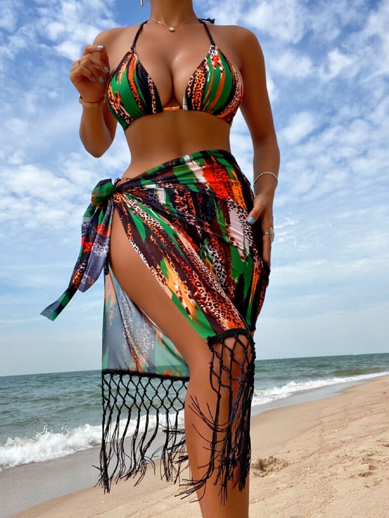 Allover Print Halter Triangle Bikini Swimsuit With Beach Skirt