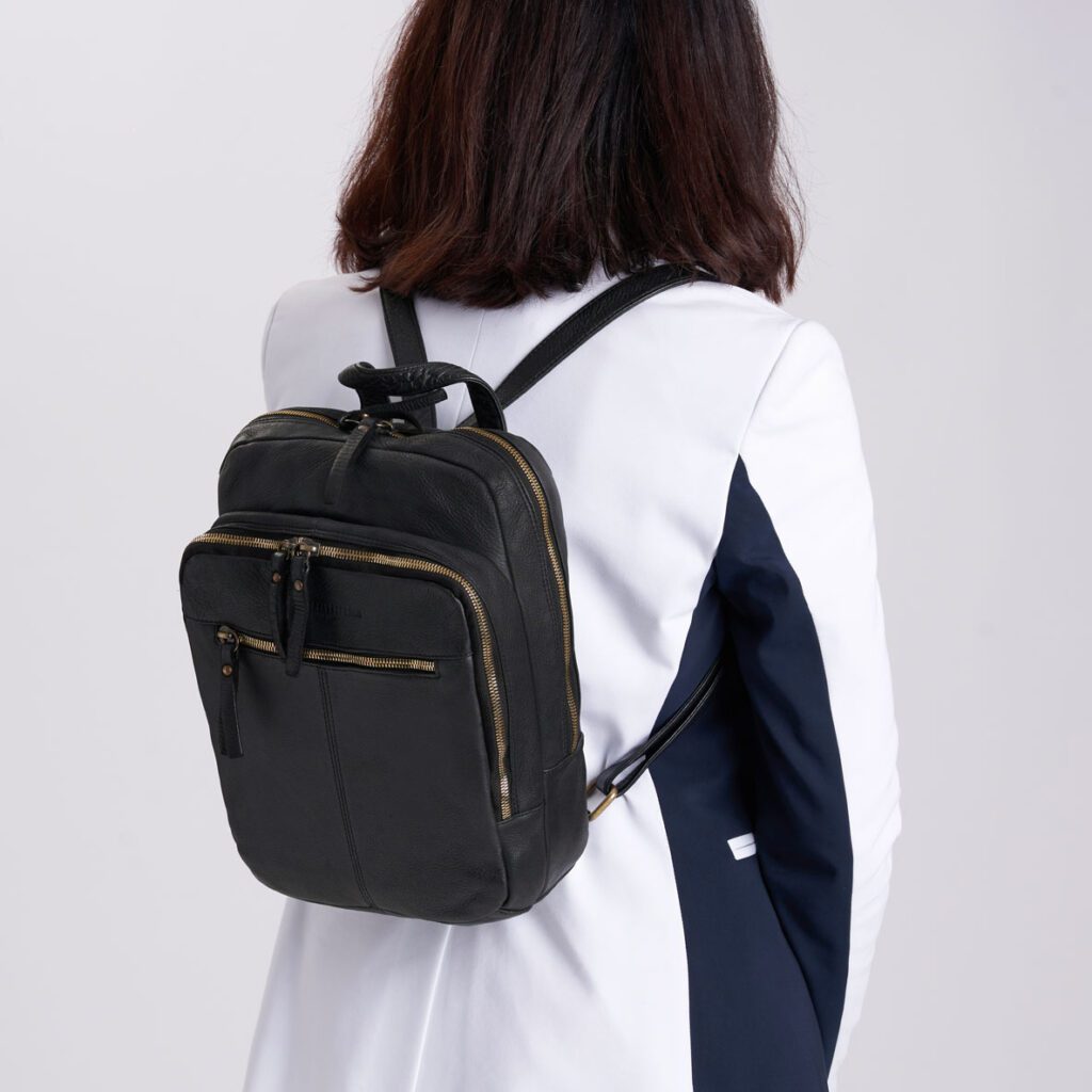 Black leather backpack for women