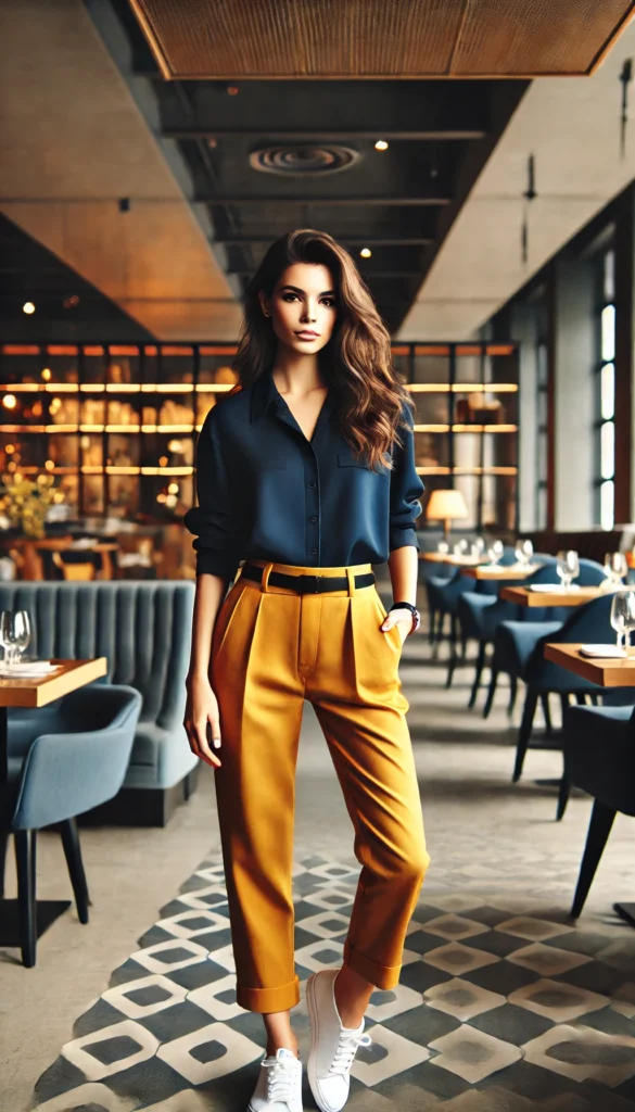 DALL·E 2024 10 31 08.15.18 A stylish young woman wearing a casual smart outfit in navy blue and mustard yellow standing confidently in a modern restaurant setting. She is dress